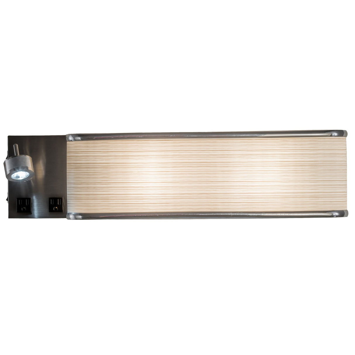 Brushed nickel wall sconce with modern design and outlet ports.