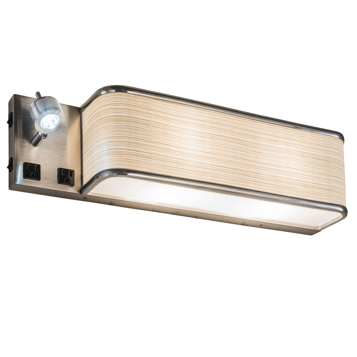 Side angle of modern wall sconce with integrated spotlight.
