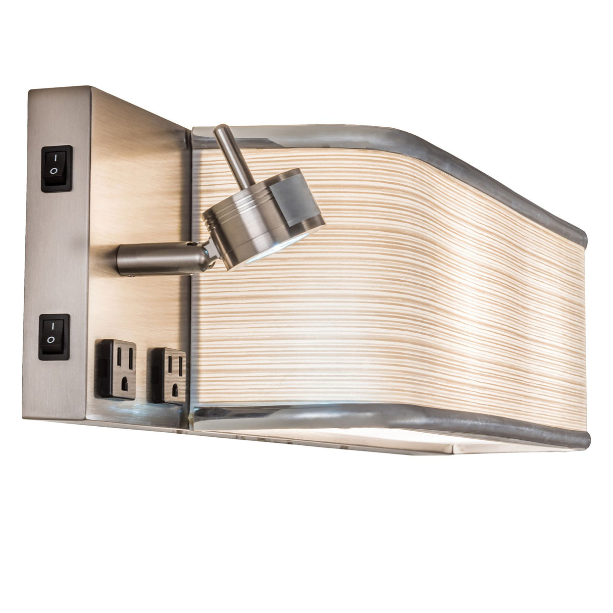 Angled close-up of wall sconce showcasing its spotlight and switches.