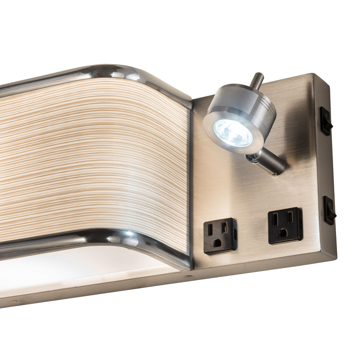 Close-up of Finley wall sconce showing sleek design with LED spotlight and power outlets.