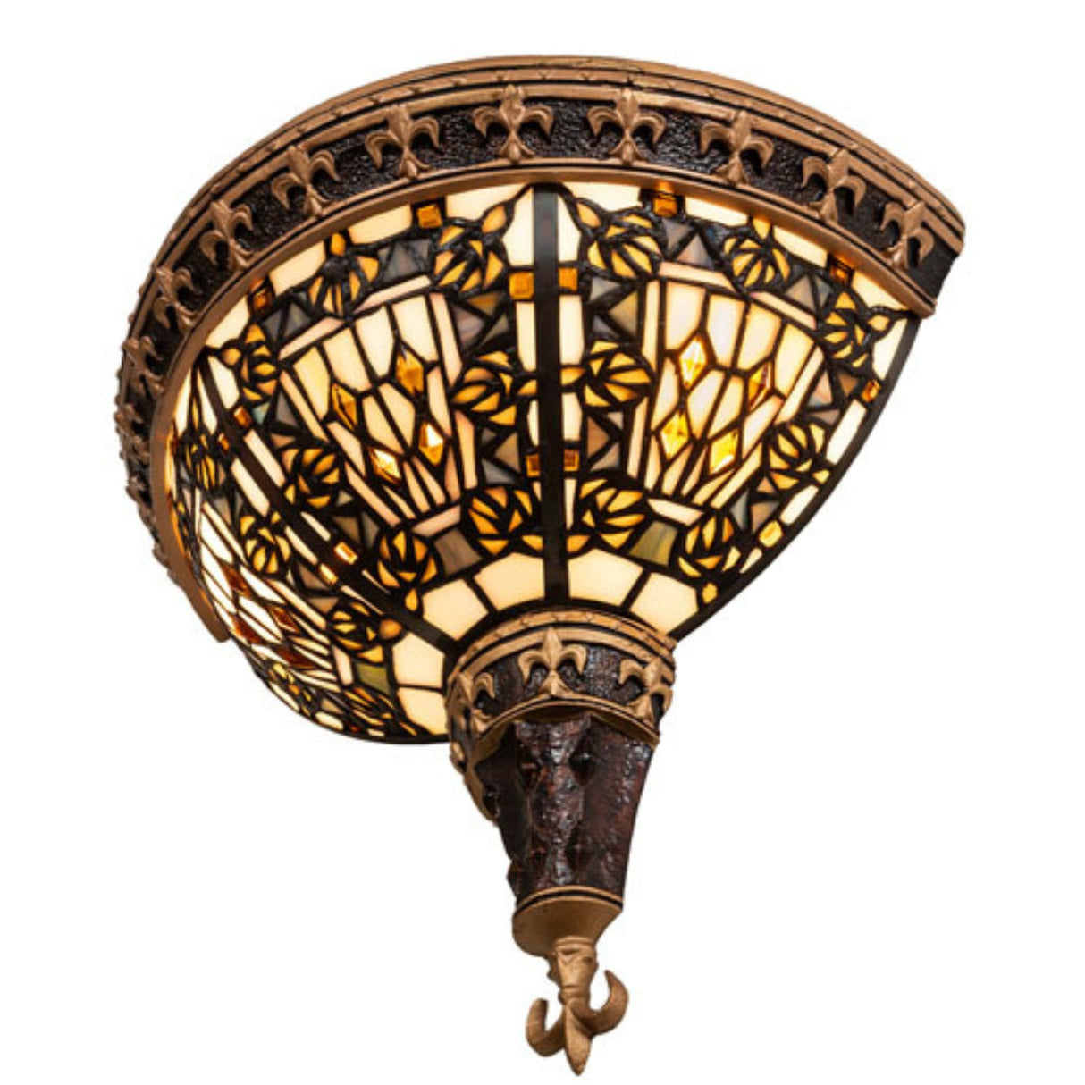 Fleur-de-lis stained glass wall sconce, angled view.