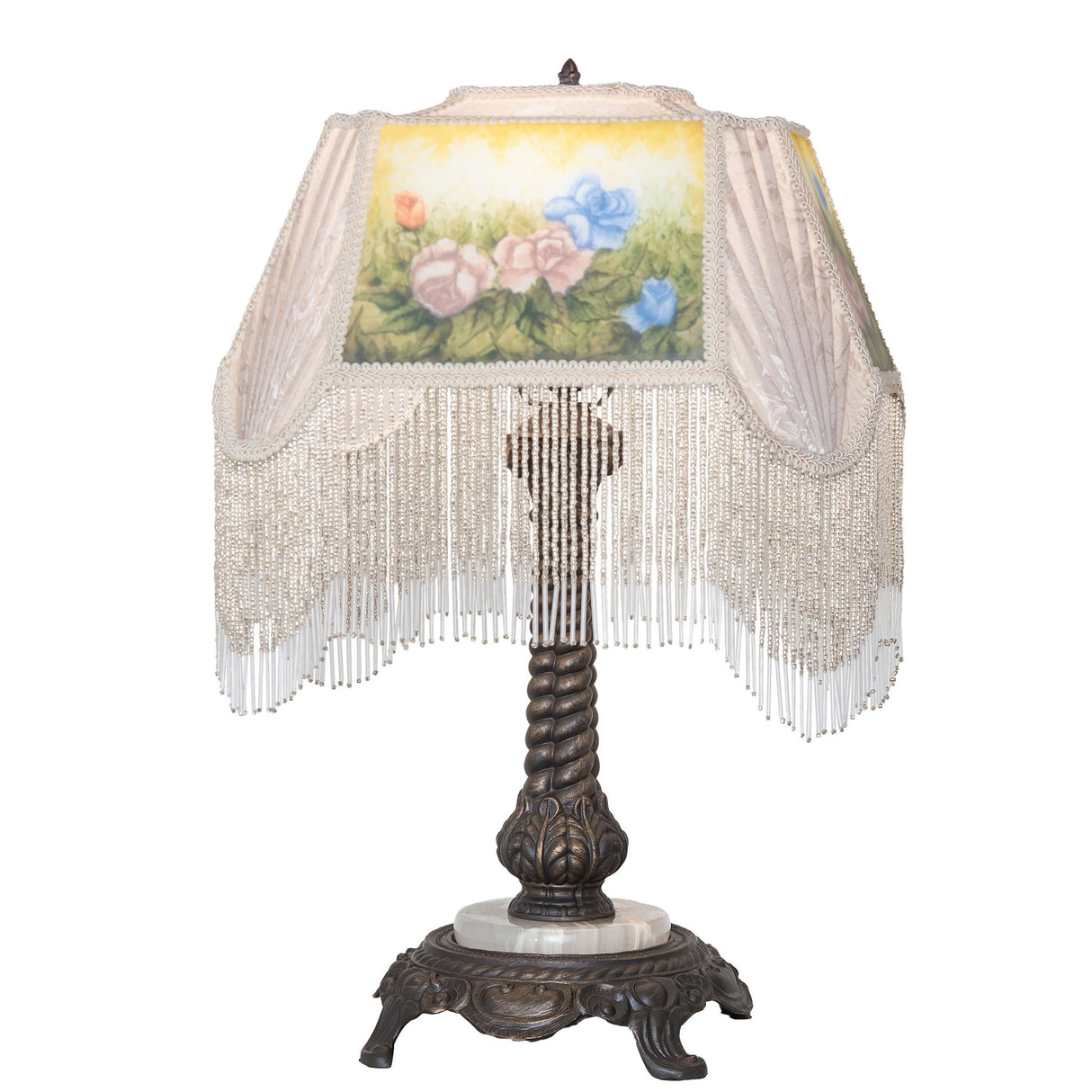 Antique Brass Table Lamp floral design with fringe accents and detailed brass base.