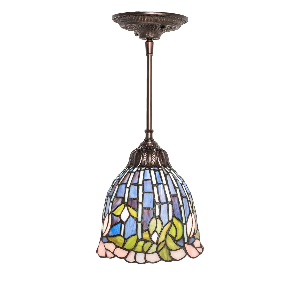 Detailed shot of the stained glass petals and patterns of the mini pendant.