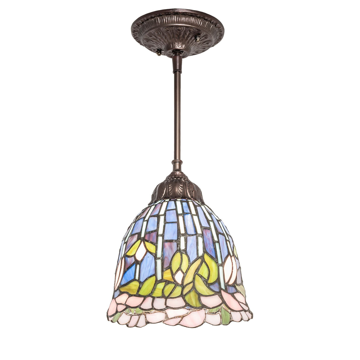 Front view of 8" Tiffany Flowering Lotus Mini Pendant with floral design.