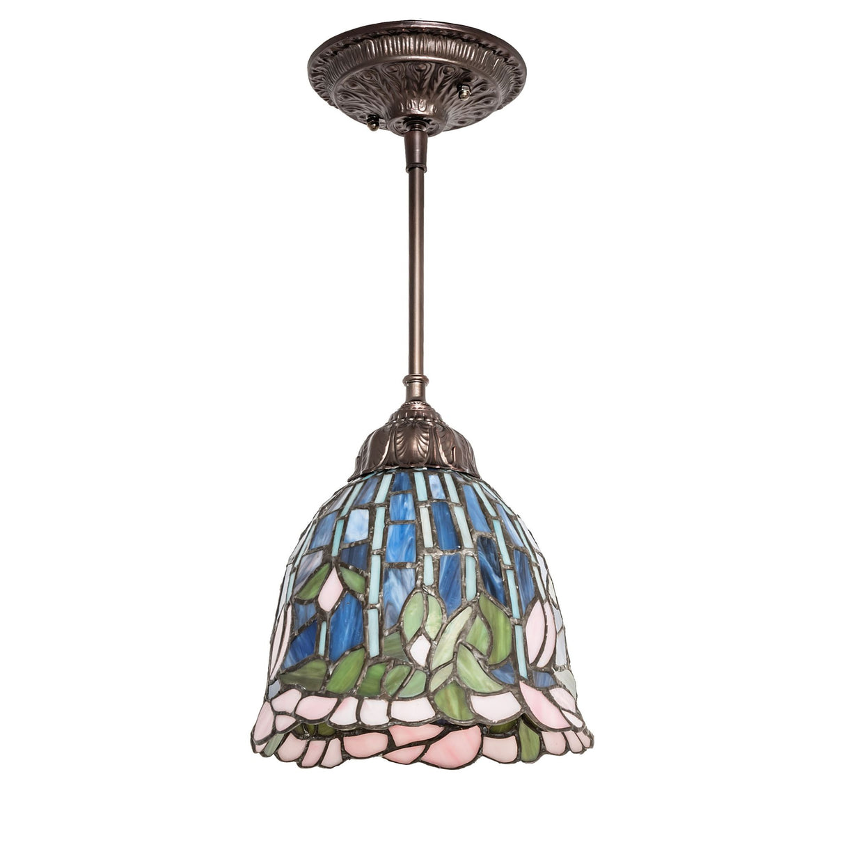 Side profile of the Tiffany Flowering Lotus Mini Pendant with intricate art glass.