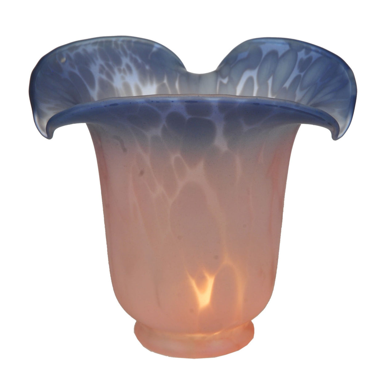 Lit view of fluted glass shade with pink and blue gradient.