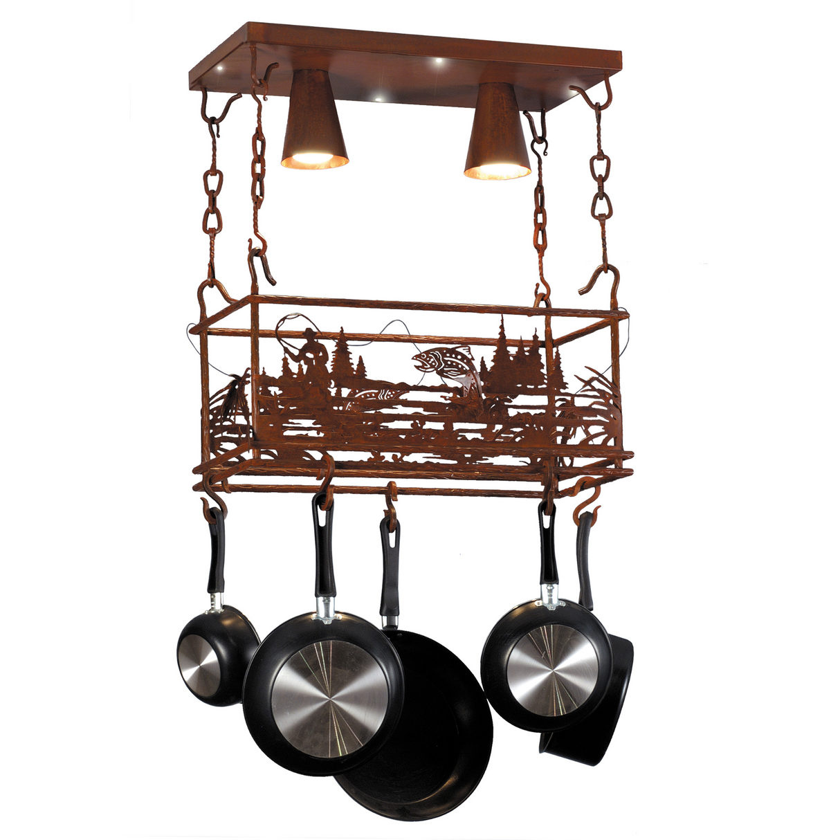 Fly Fishing Creek 2-light pot rack with rustic fisherman silhouette and pans.