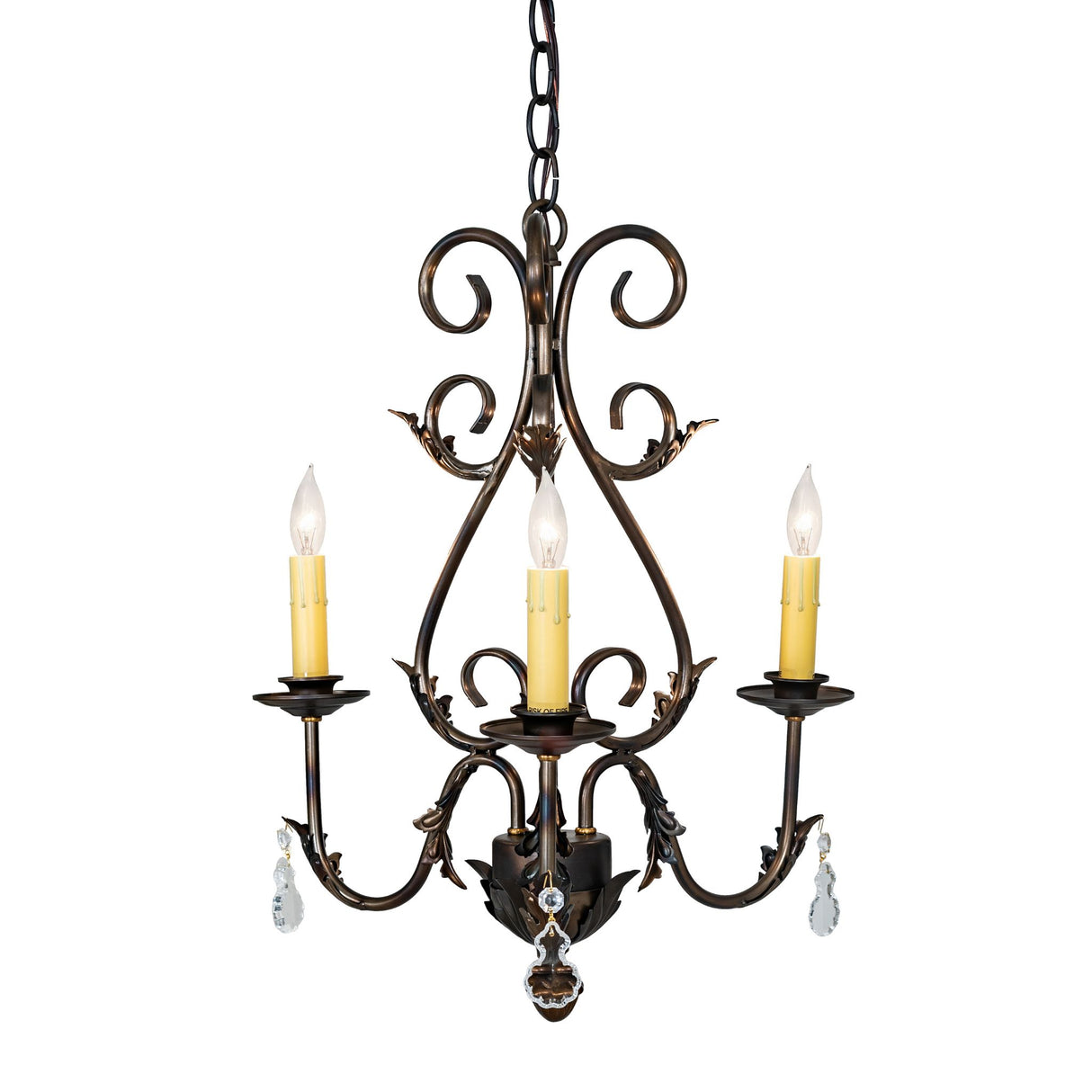 Front view of chandelier displaying three candle lights and crystal accents.