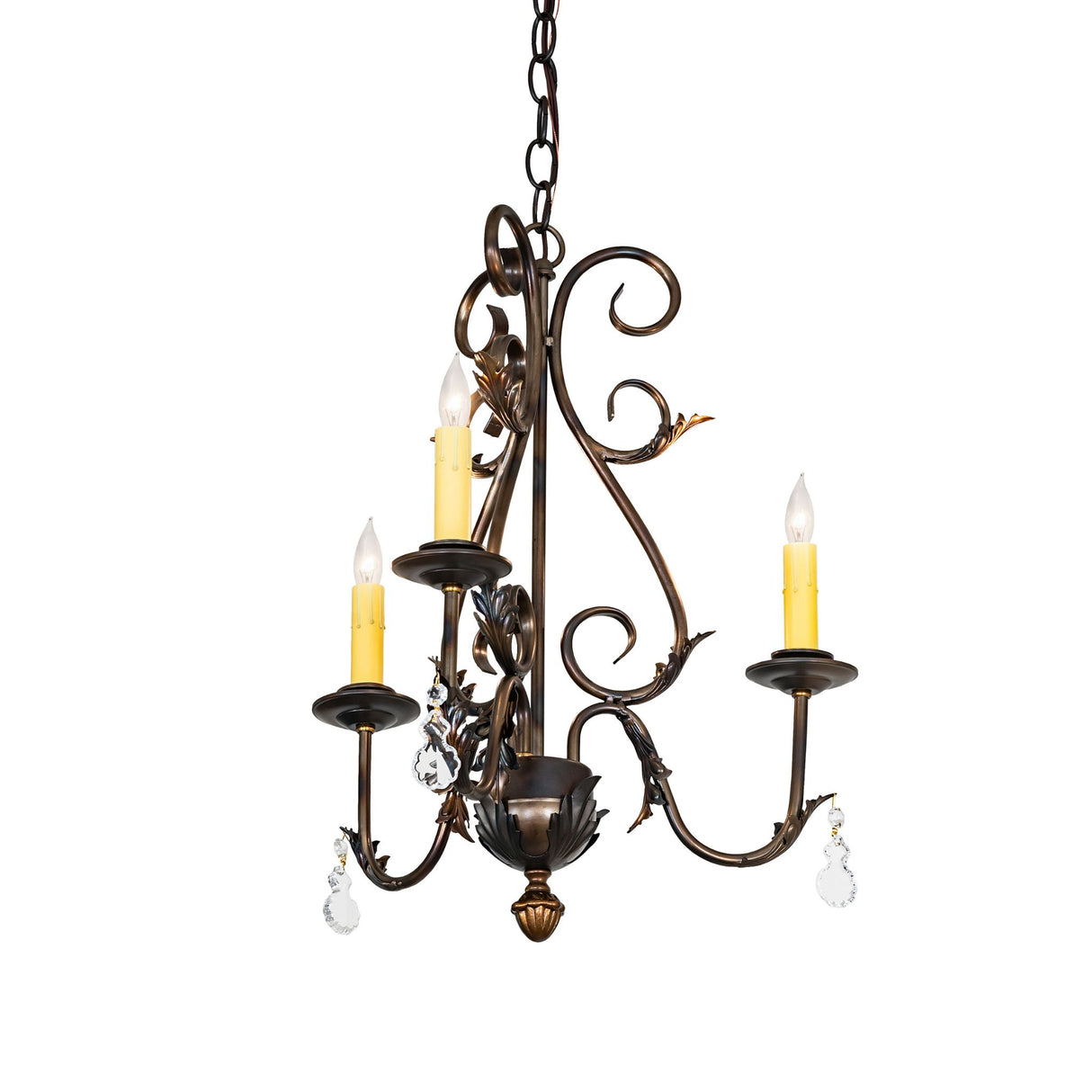 French Elegance 3-light chandelier with antique copper scrollwork, lit view.
