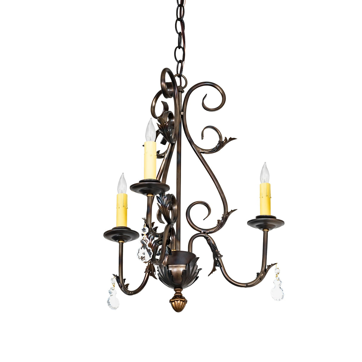 French Elegance chandelier unlit studio view showing scroll arms and crystal accents.