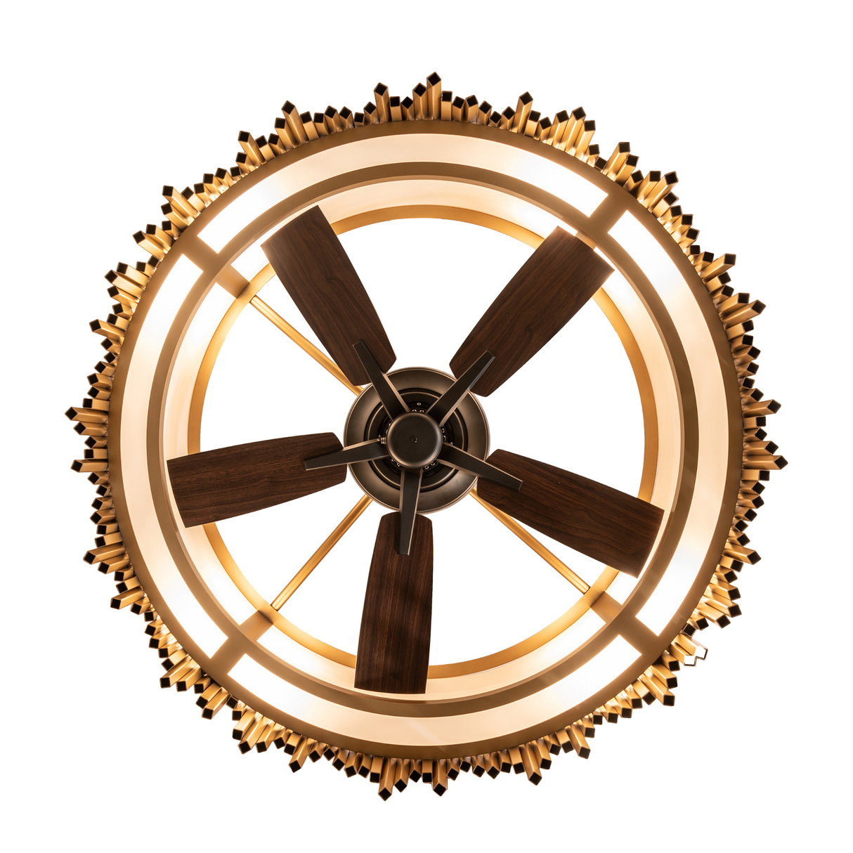 Bottom view showing six-blade fan and luminous circular diffuser.