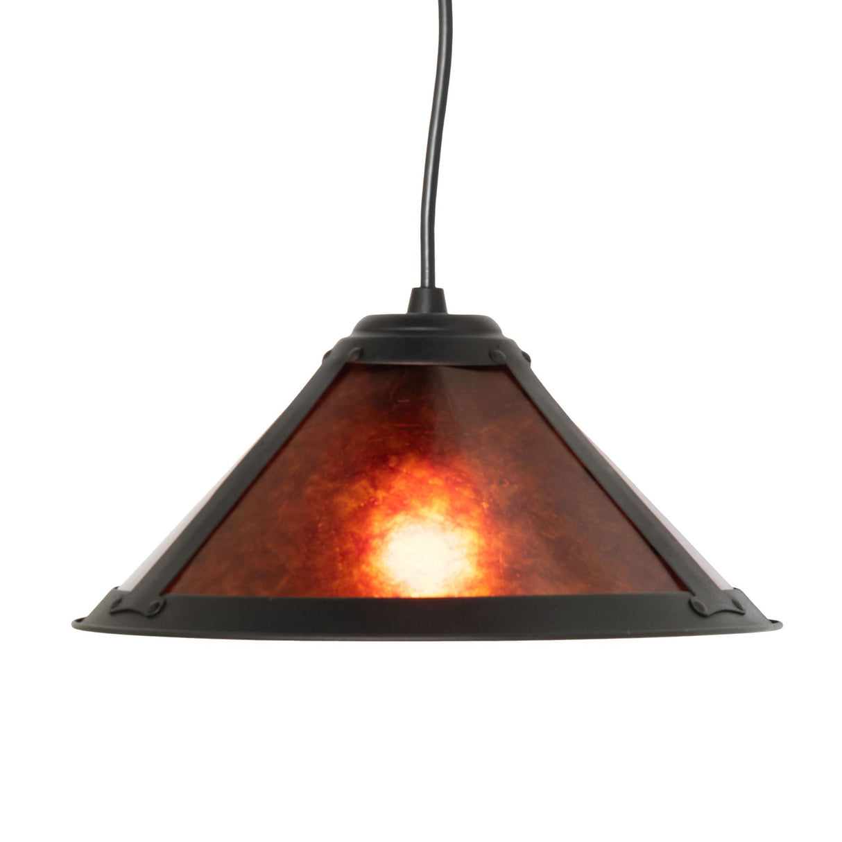 Front view of the 12" wide Sutter pendant light with amber mica shade.