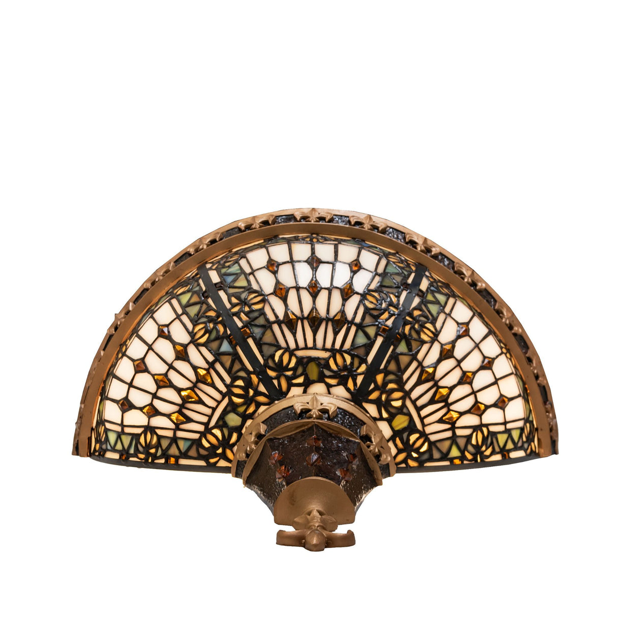 Front view of Fleur-de-lis wall sconce featuring intricate stained glass and bronze details.