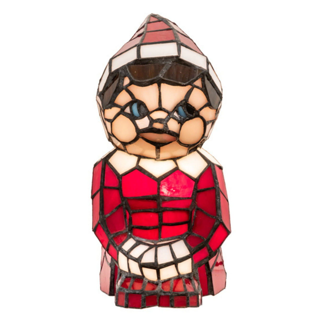 Front view of a colorful stained glass elf accent lamp.