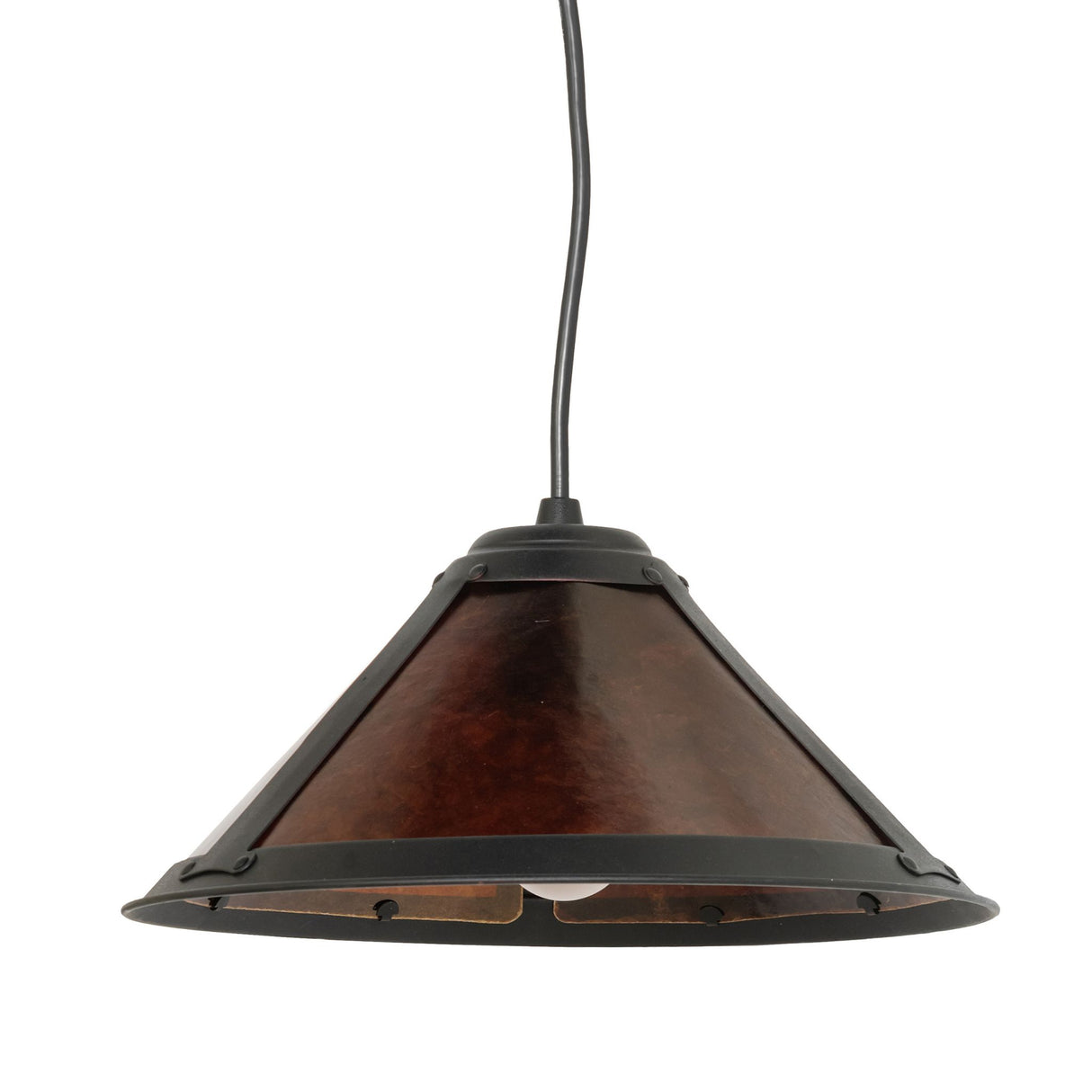 Front view of a 12" wide Sutter pendant light with a warm amber mica shade and black metal frame.