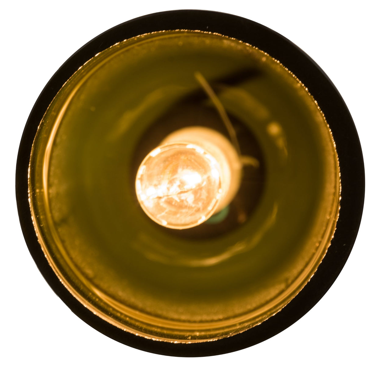 Bottom view of lit frosted green wine bottle mini pendant with glowing bulb.