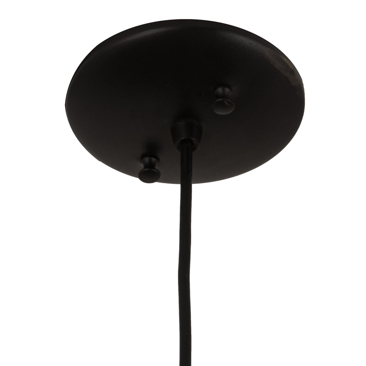 Close-up view of the black metal round canopy for the Tuscan Vineyard pendant.