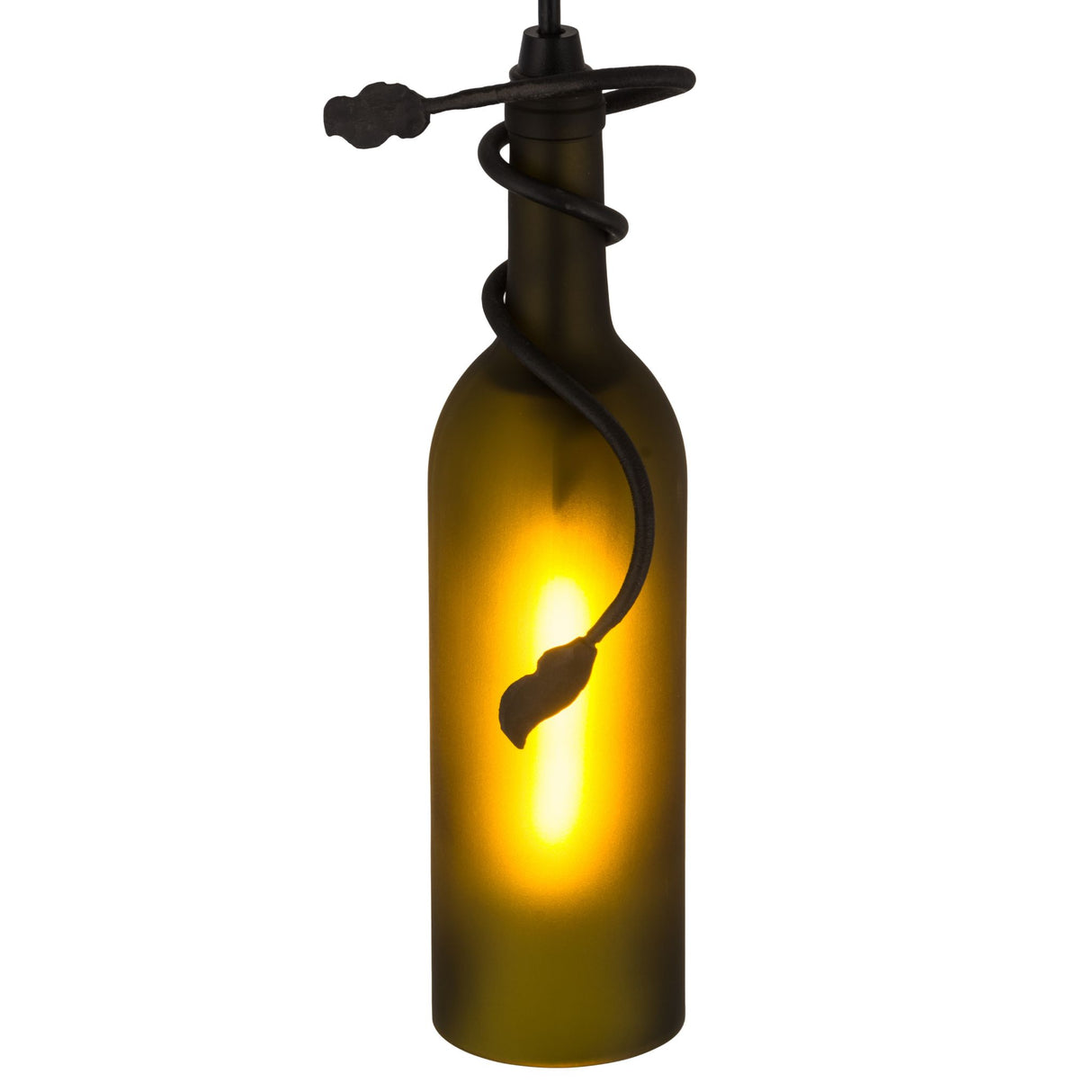 Front view of the frosted green wine bottle mini pendant with vine detailing.
