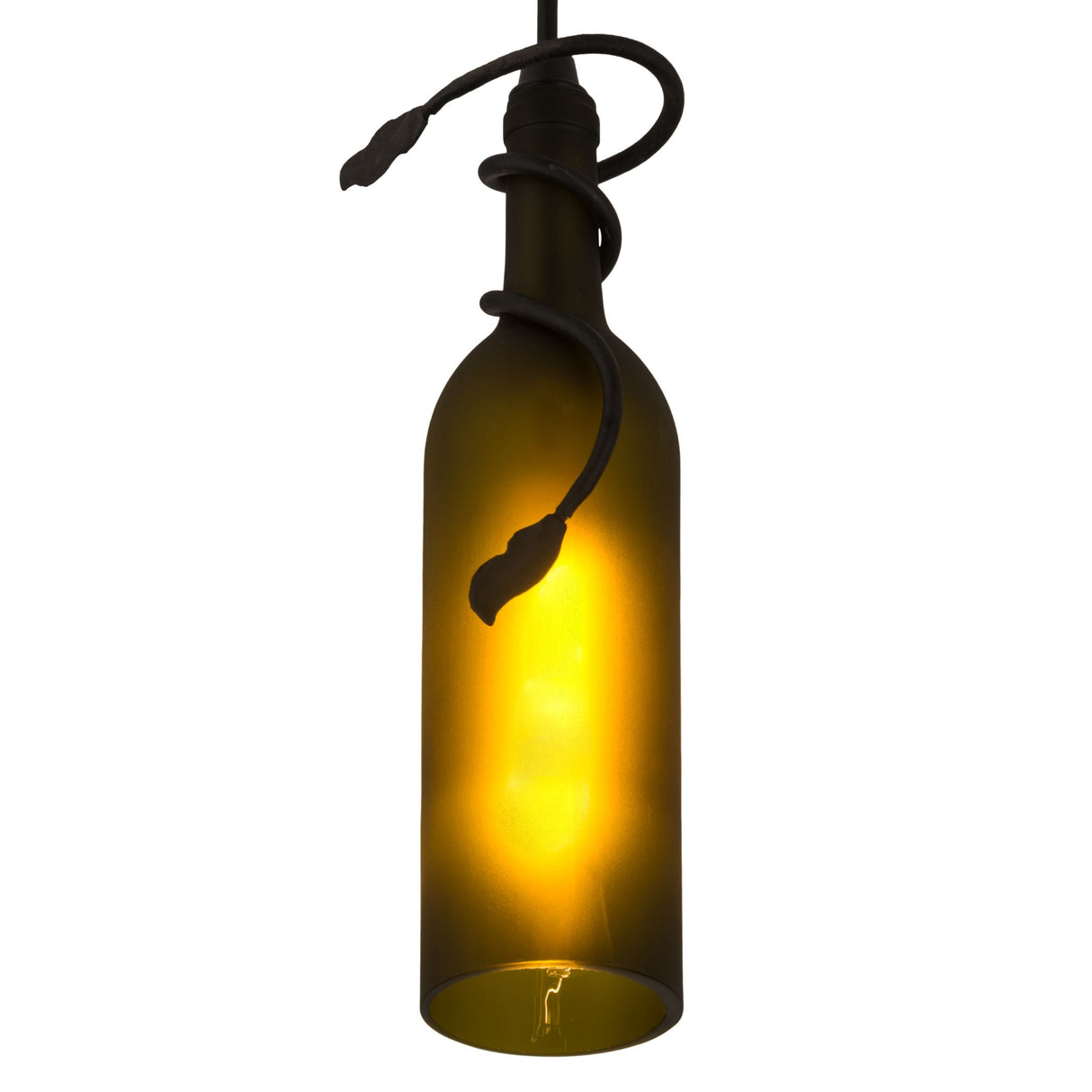 Frosted green wine bottle mini pendant with vine detail, front view.