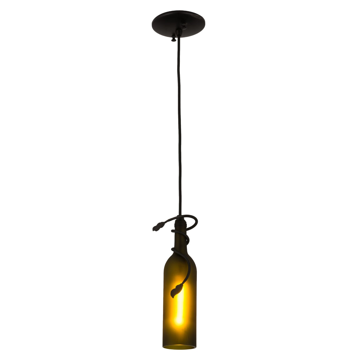 Full-length view of frosted green wine bottle mini pendant with vine accents.