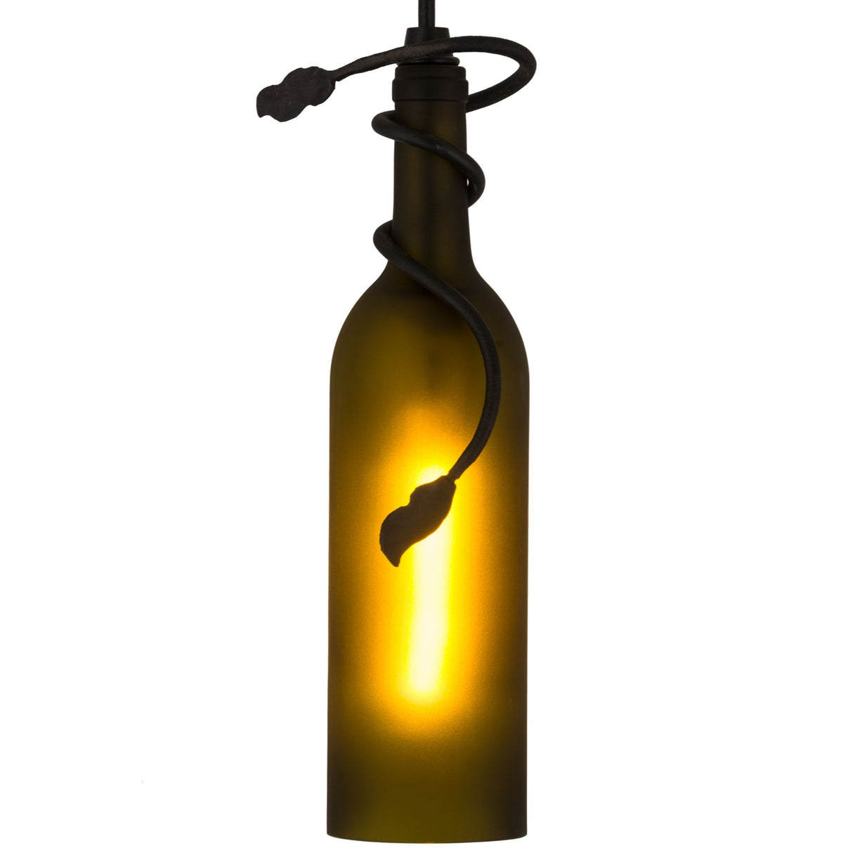 Lit view of frosted green wine bottle pendant emitting a warm glow.
