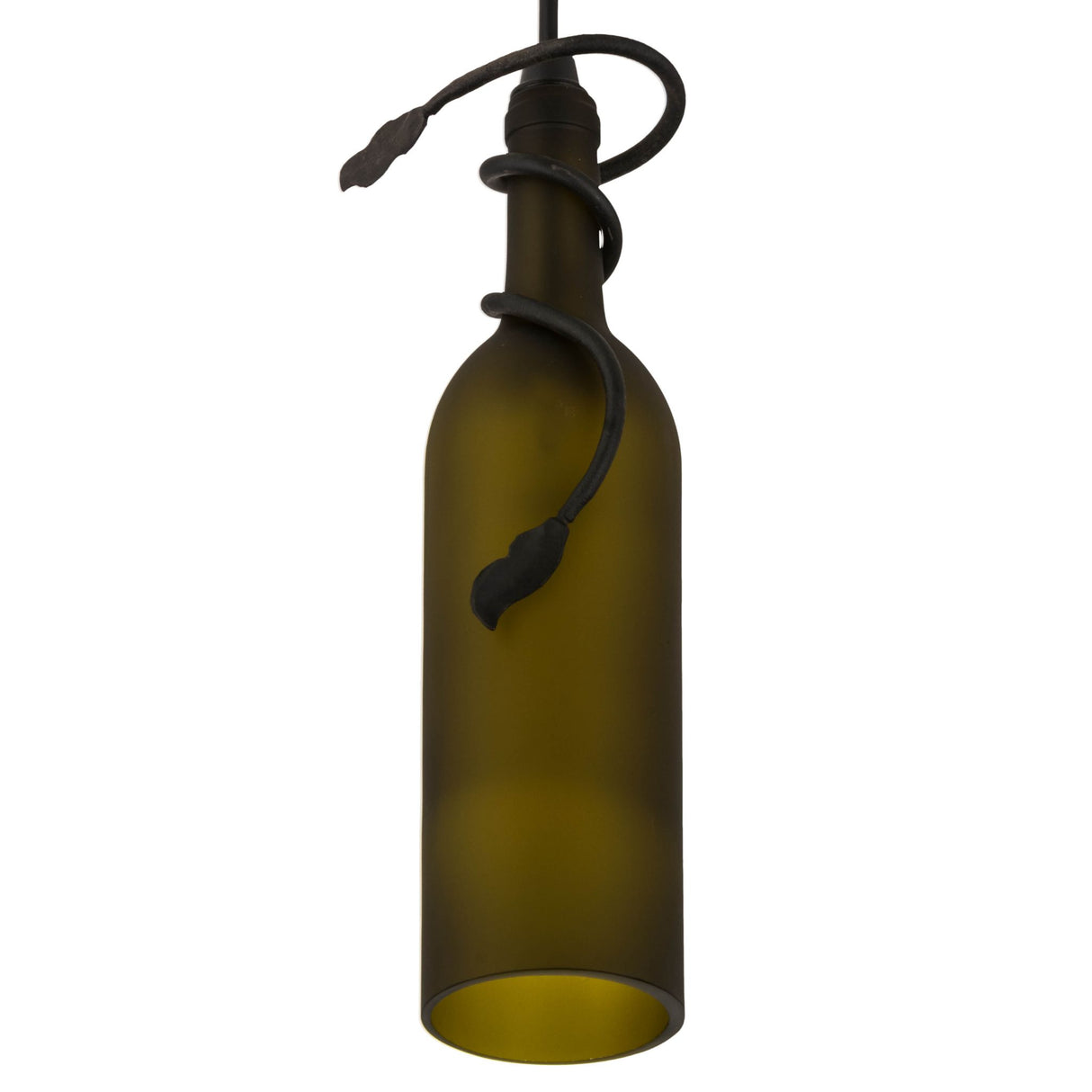 Side-angle view of the frosted green wine bottle pendant with vine accents.