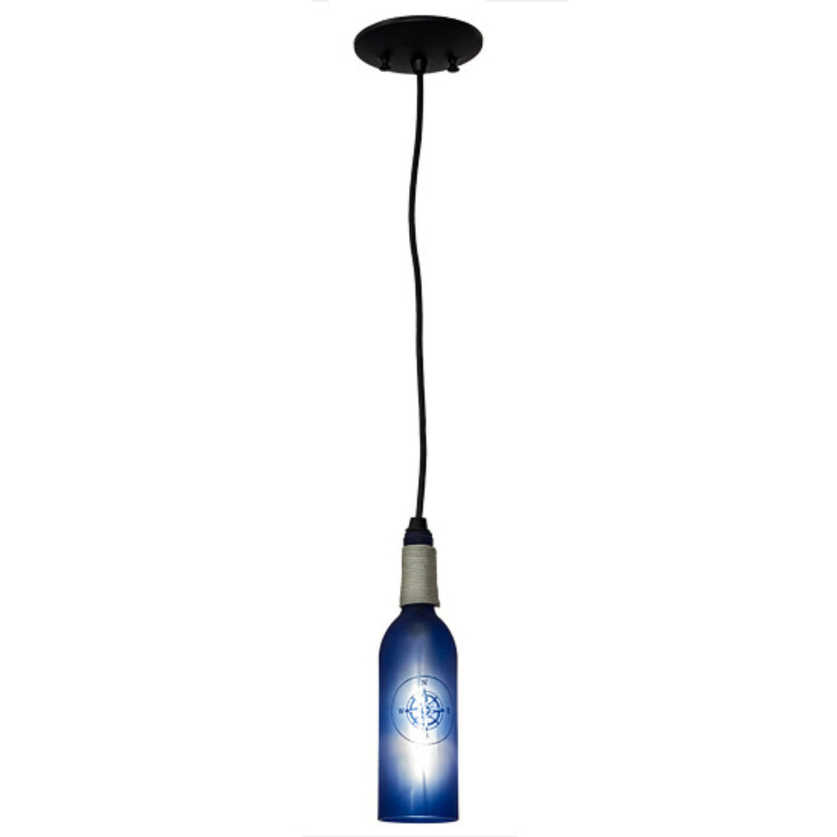 Full view of blue wine bottle mini pendant.