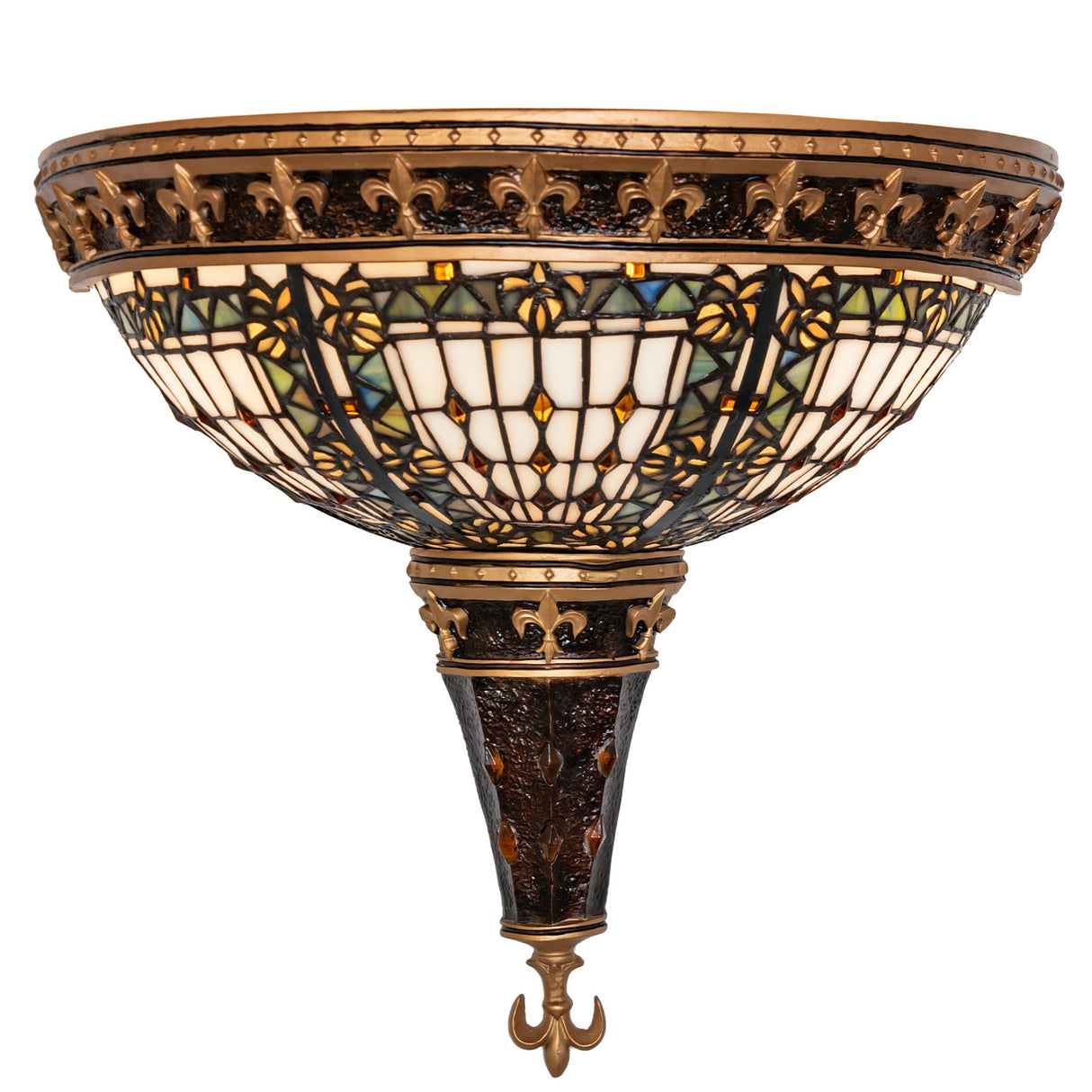 Full view of the Fleur-de-lis wall sconce showcasing its elegant stained glass and fleur-de-lis motif.