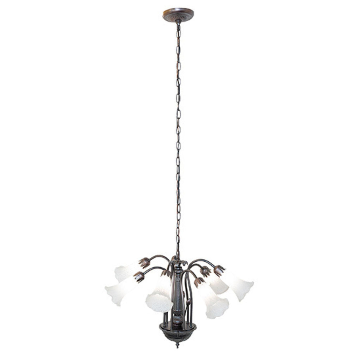 Full view of hanging white Tiffany pond lily chandelier