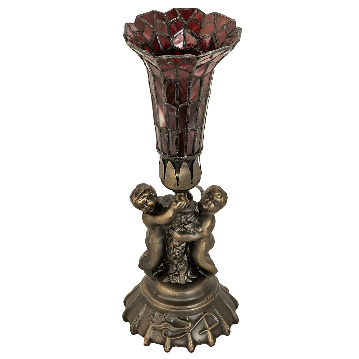 Full view of stained glass pond lily lamp with twin cherub sculpture base, unlit.