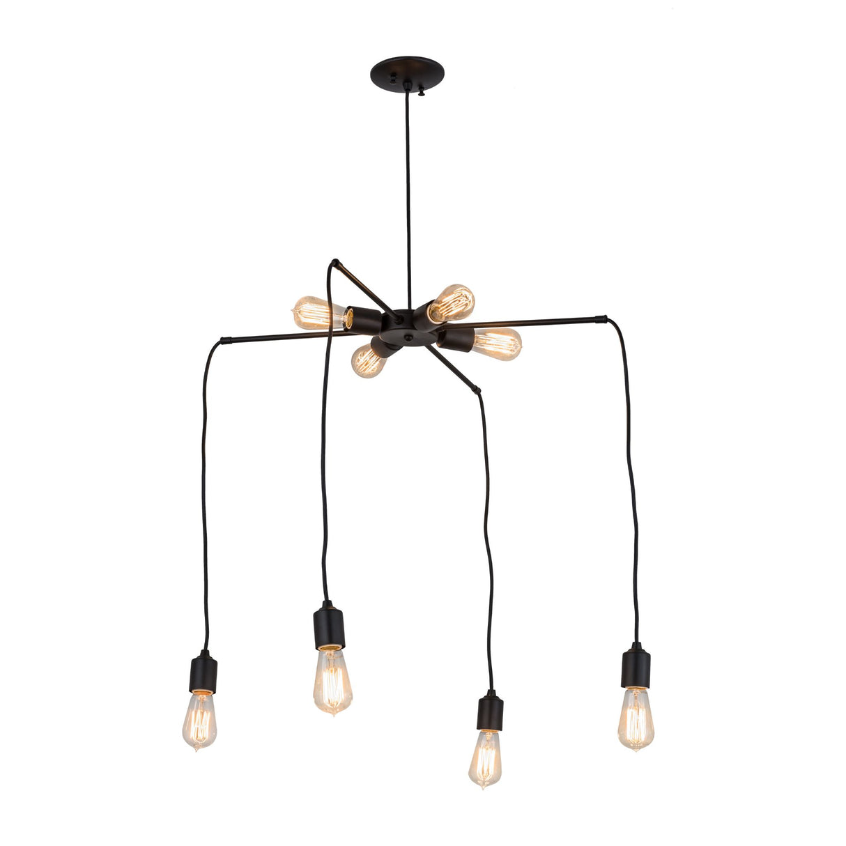 Alva chandelier fully lit with modern industrial design.