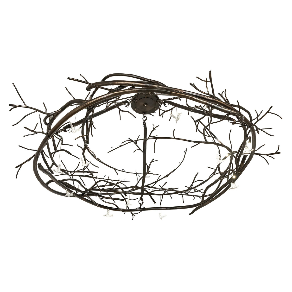 Bottom angle view of Gardner chandelier revealing circular branch structure.