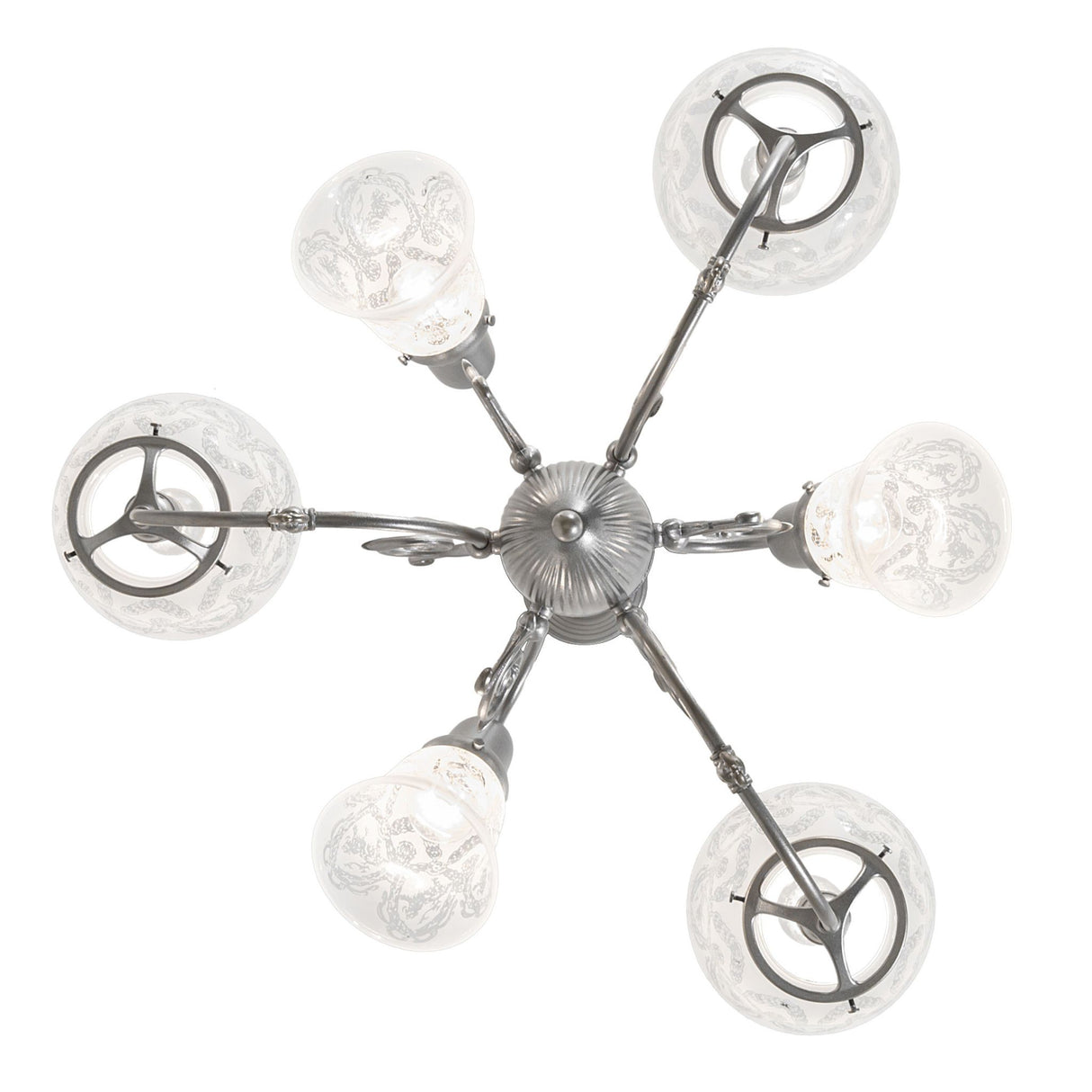 Bottom view of chandelier showing symmetrical six-arm layout and shade openings.