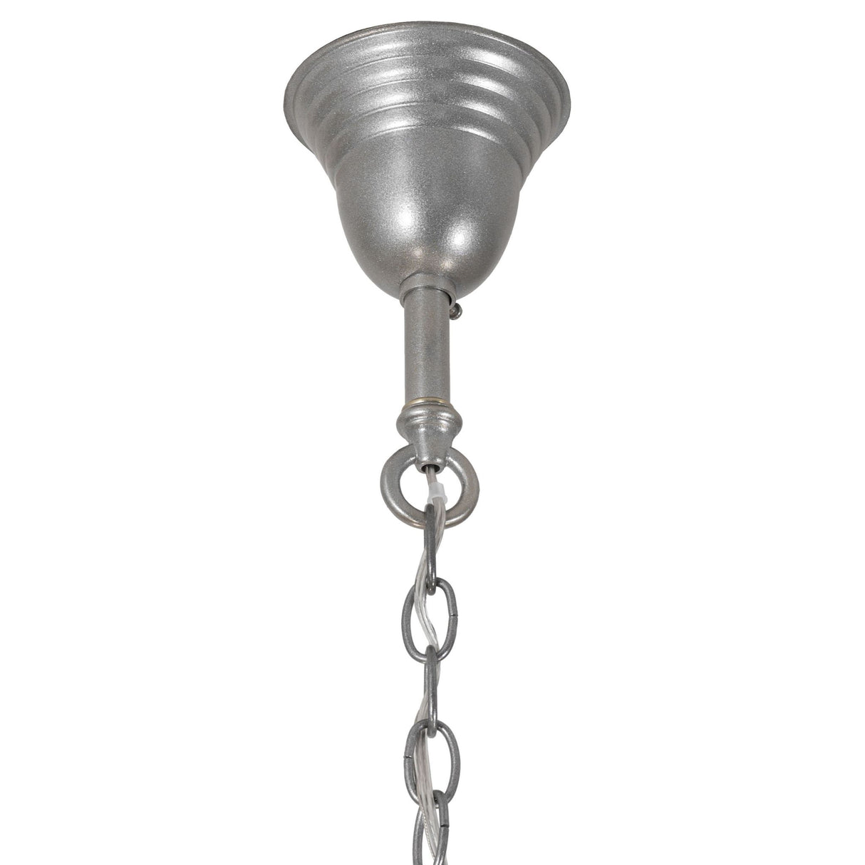 Ceiling canopy and chain detail of gas and electric 6 light chandelier in light sandstone finish.