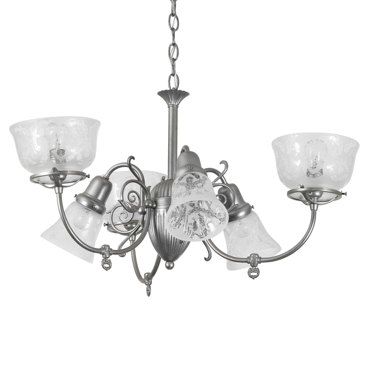 Unlit view of 6 light chandelier highlighting glass shade texture and metal framework.