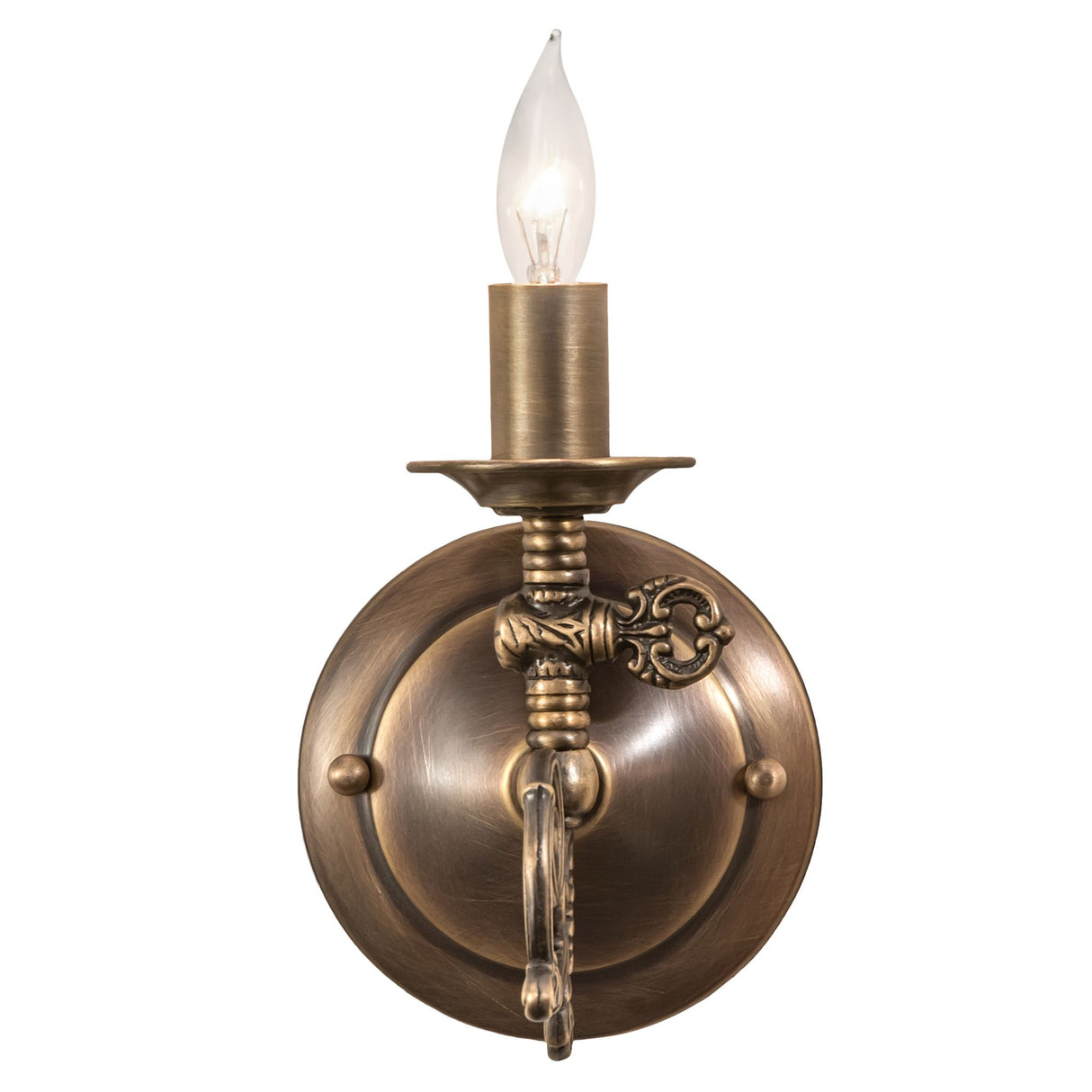 Front-facing view of gaslight-style sconce in antique brass.