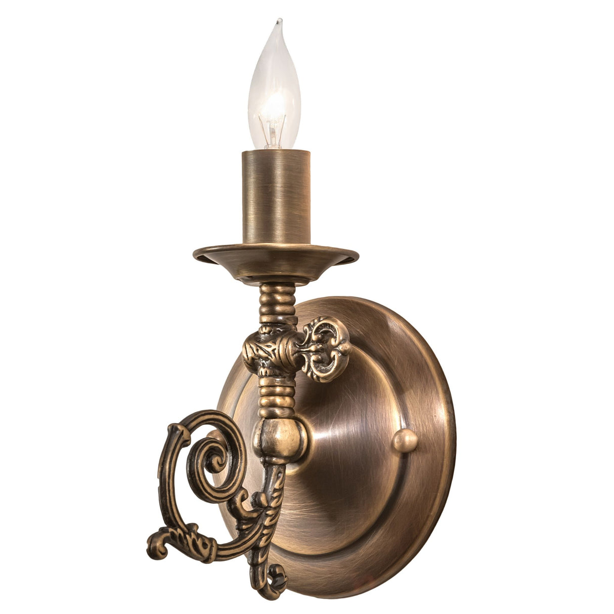 Antique brass gas reproduction wall sconce with candle-style bulb lit