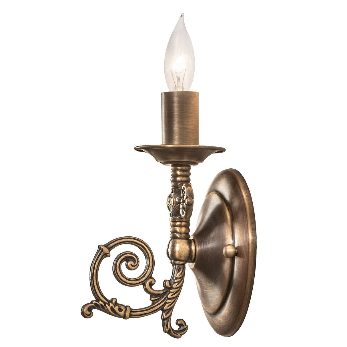 Side view of vintage brass wall sconce with curled arm design.