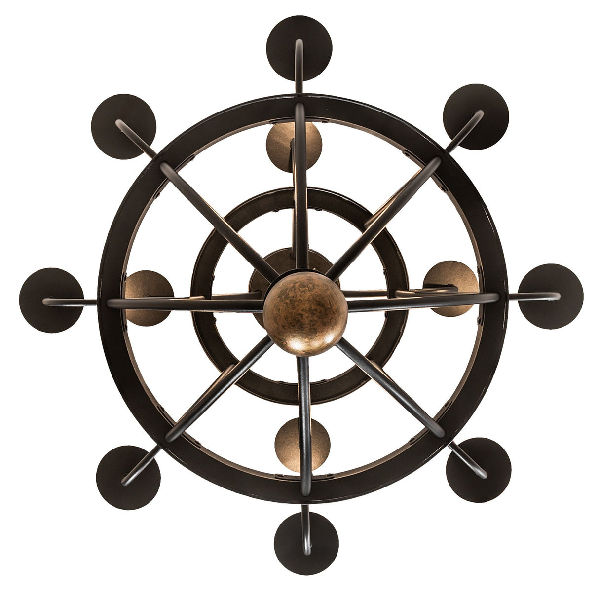 Bottom view of Georgetown chandelier showing circular frame and center finial.
