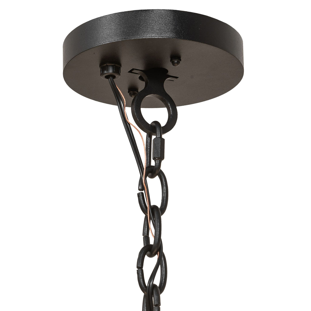 Close-up of ceiling canopy and adjustable chain hardware.