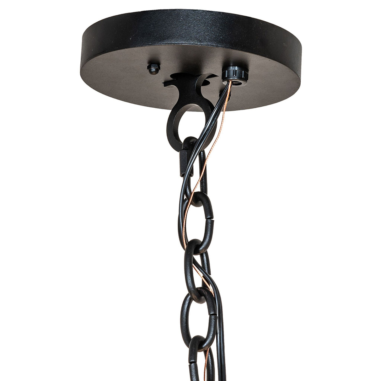 Close up of ceiling canopy and chain detail of Georgetown 12 light chandelier.