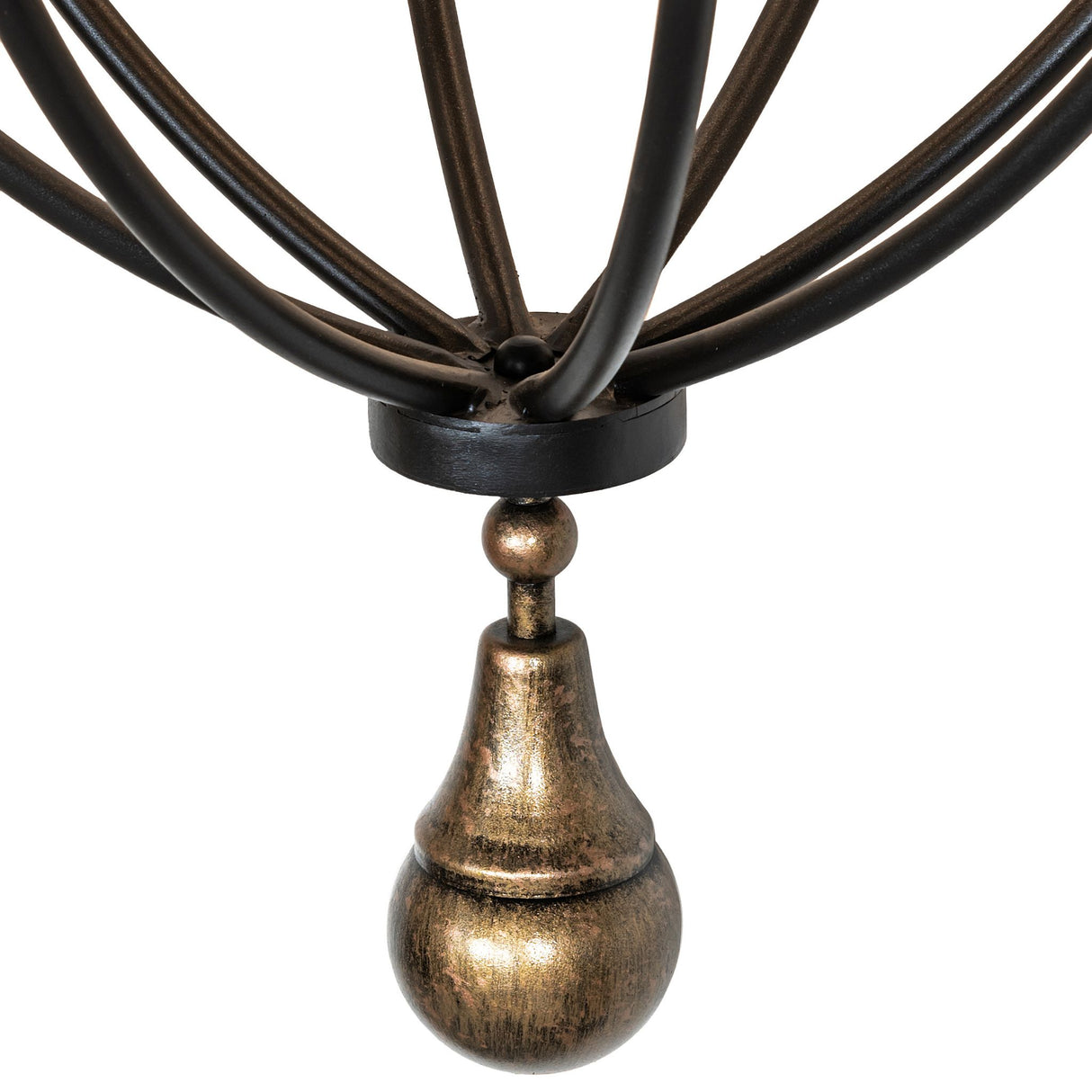 Close-up of Georgetown chandelier pear-shaped finial in brushed gold finish.