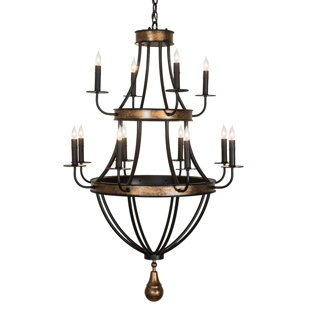 Front view of 12 light chandelier with black frame and brushed gold accents.