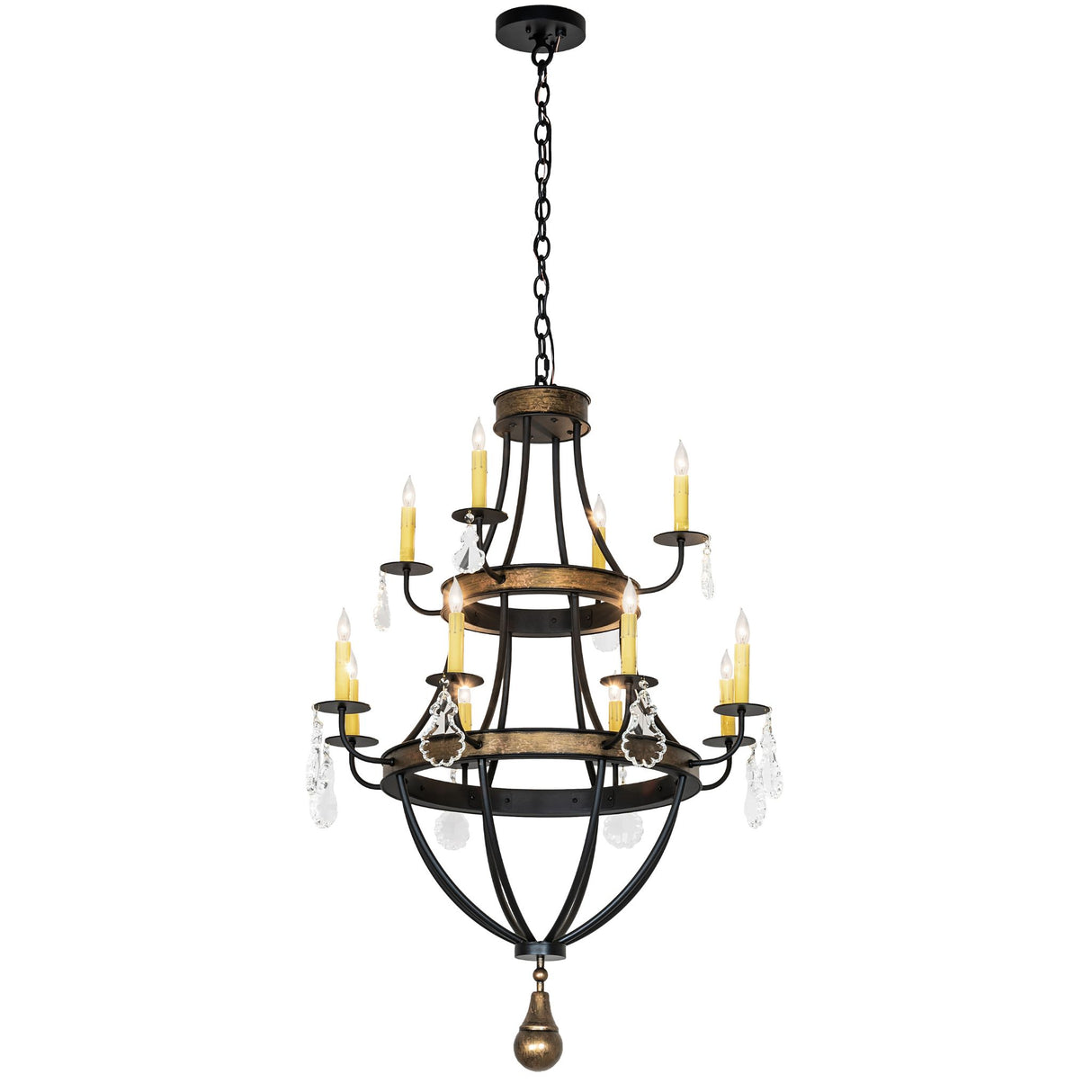 Full view of Georgetown 12 light chandelier with adjustable chain and tiered ring design.