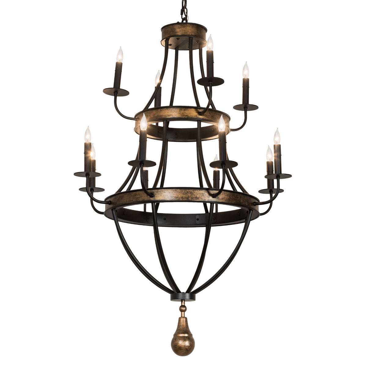 Georgetown 12 light chandelier illuminated with warm candle-style bulbs.