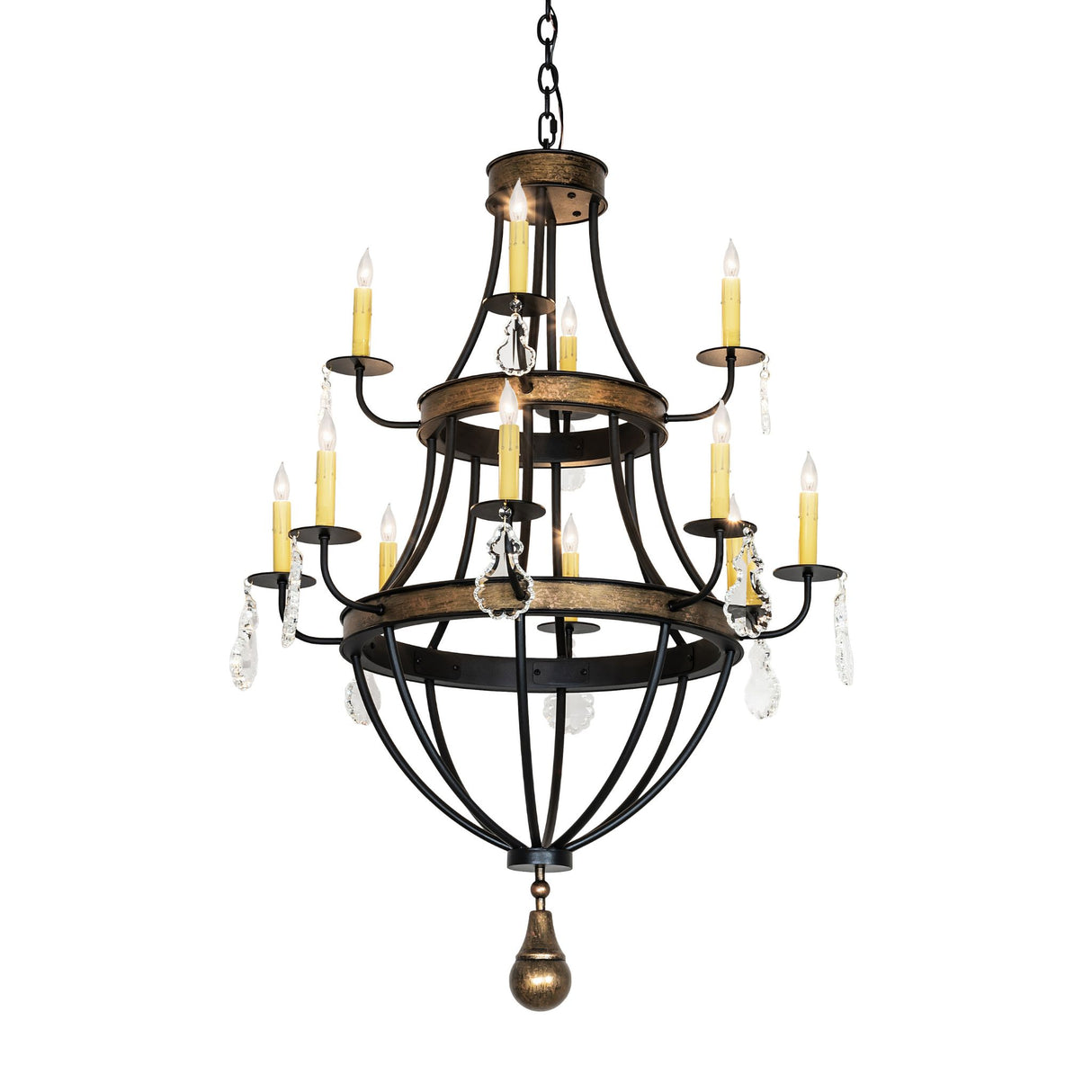 Georgetown 12 light chandelier lit with textured black frame and brushed gold accents.