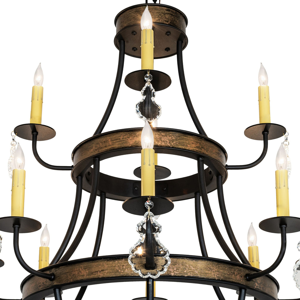 Close-up of chandelier rings with faux candle-lights and gold accents.
