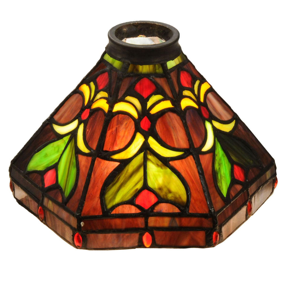 Bright stained glass lampshade with warm floral patterns in yellow, red, and green tones.