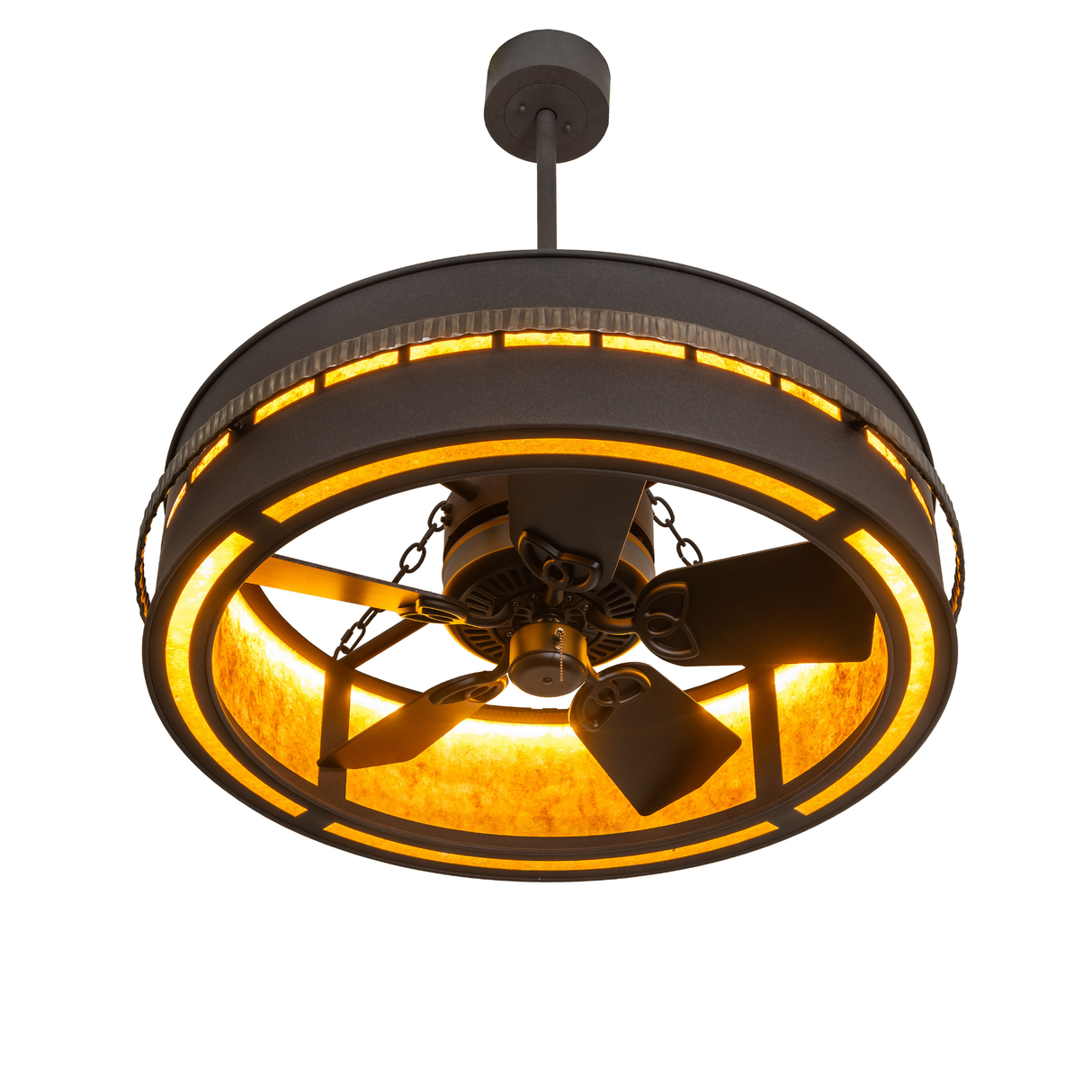 Bottom angle view highlighting amber mica lens and fan blades.