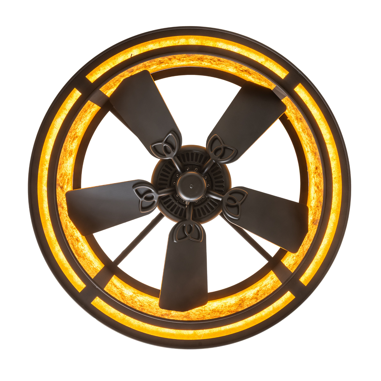 Bottom perspective of Golden Forge Chandel-Air with lights on.